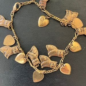 Cat Bracelet with Multiple Charms -Gold Tone